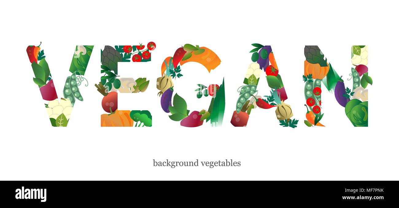 Vegan title. Illustrated with colored vegetables. Ready design Stock Vector