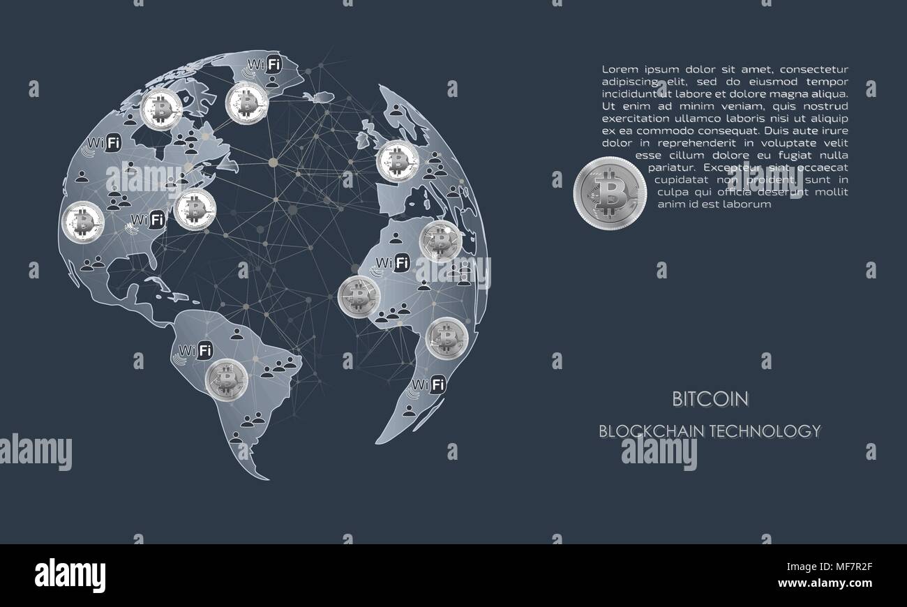 World blockchain technology. Banner with the image of the planet, silver bitcoins, users, Internet connection. Stock Vector