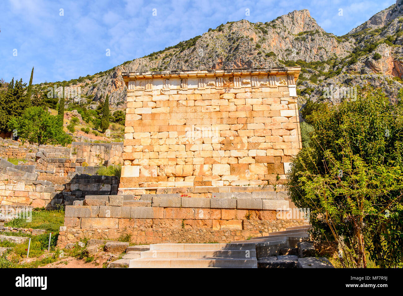 Athenian Treasury in Delphi, an archaeological site in Greece, at the ...