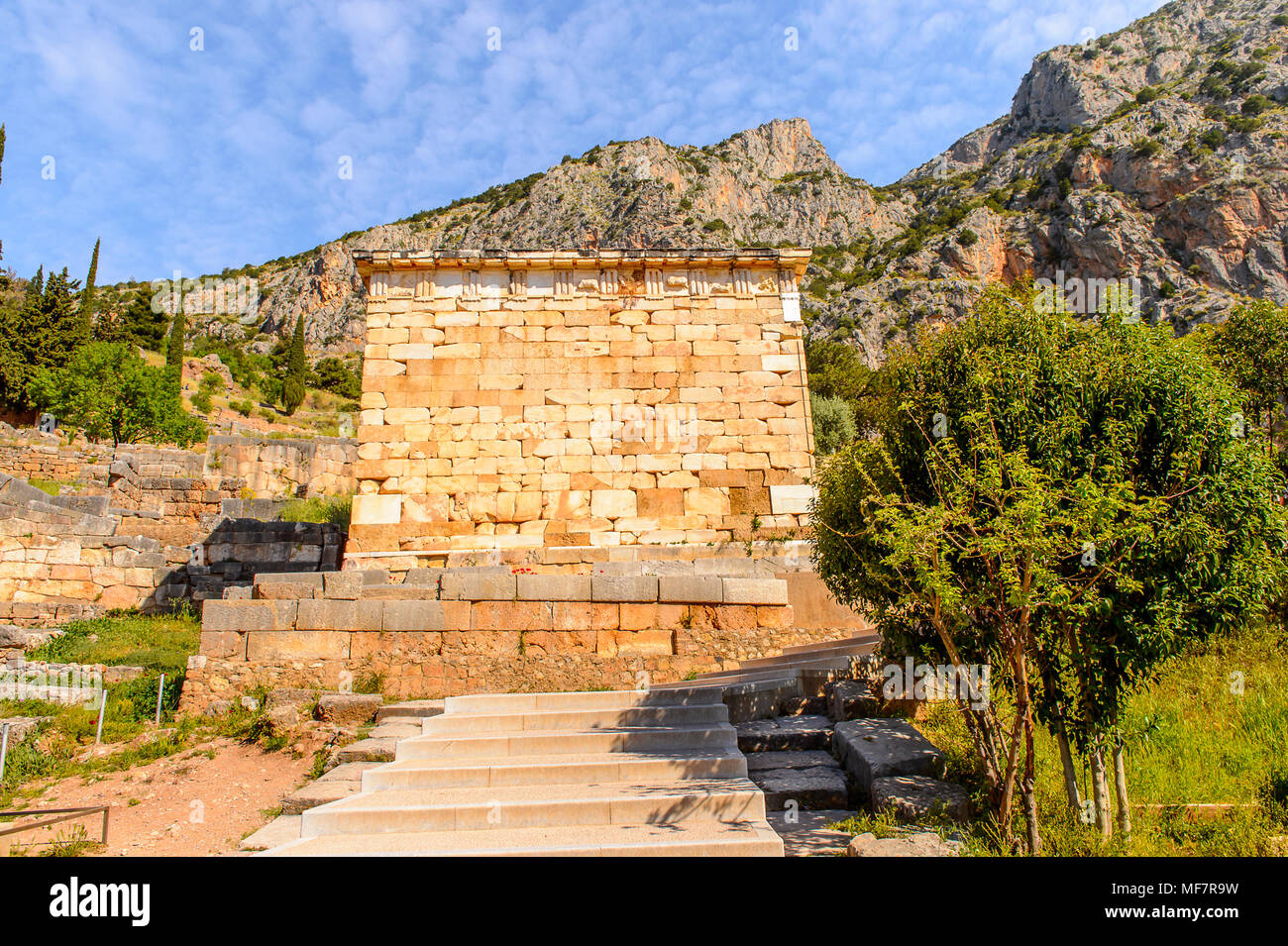Athenian Treasury in Delphi, an archaeological site in Greece, at the ...