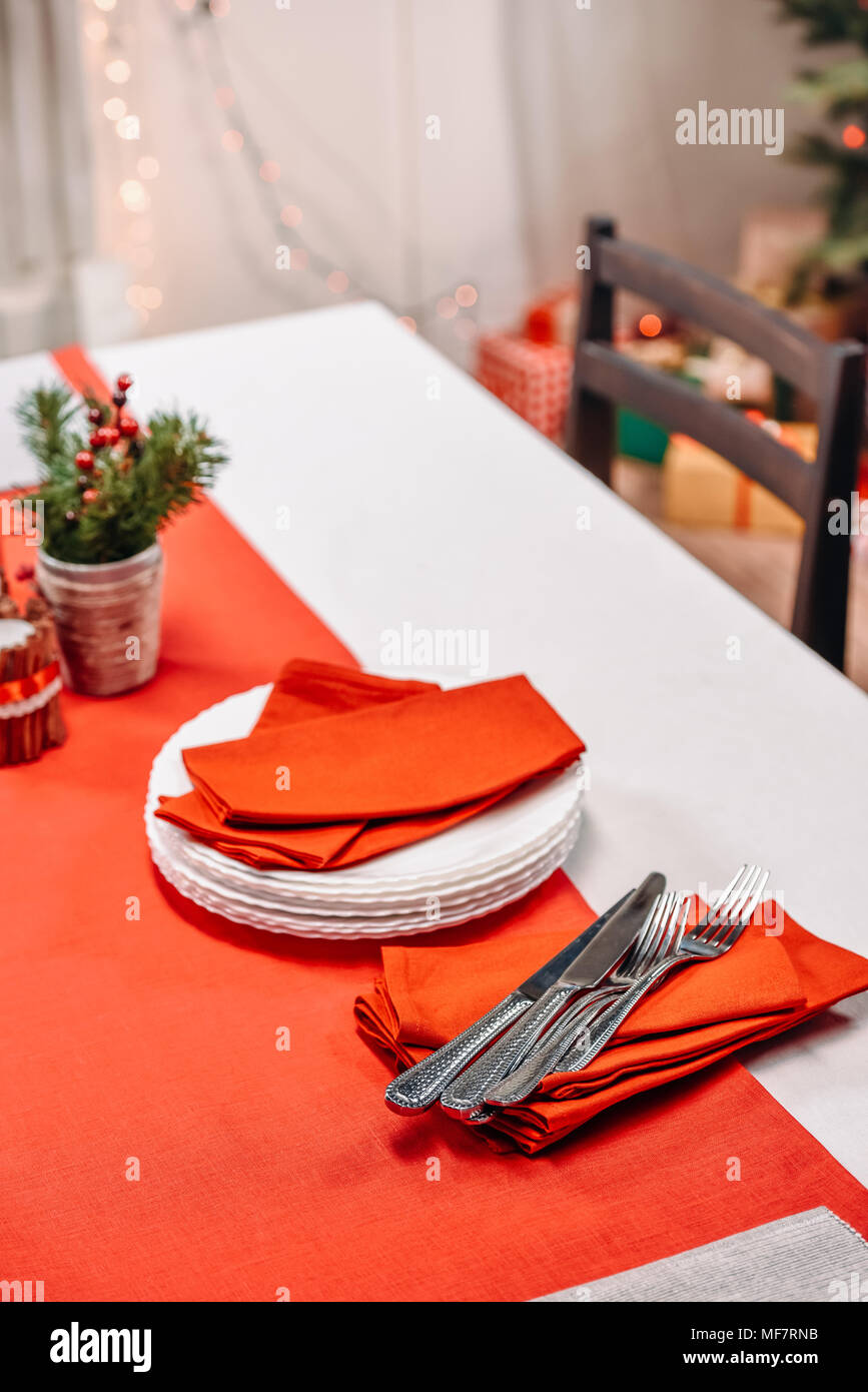 christmas table with tableware Stock Photo - Alamy