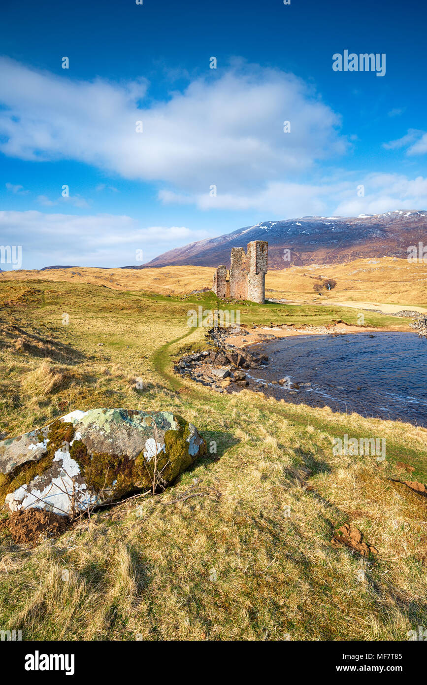 The ruins of Ardvreck Castle at Loch Assynt in Scotland Stock Photo