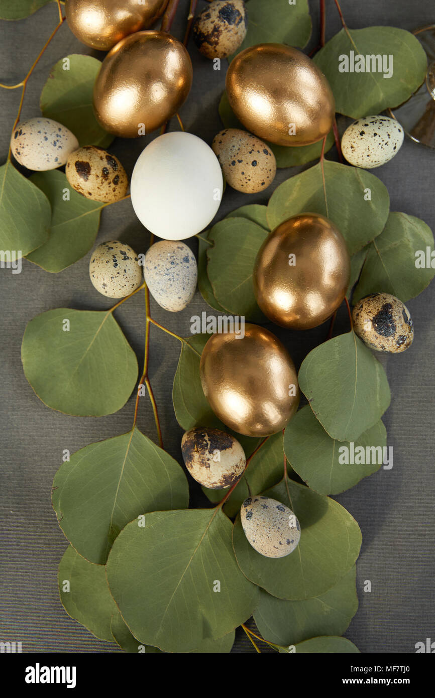 Top View Of Golden Easter Eggs On Green Leaves Stock Photo Alamy