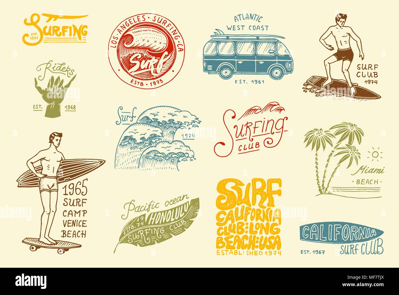 Surf badge and wave, palm tree and ocean. tropics and california. man ...