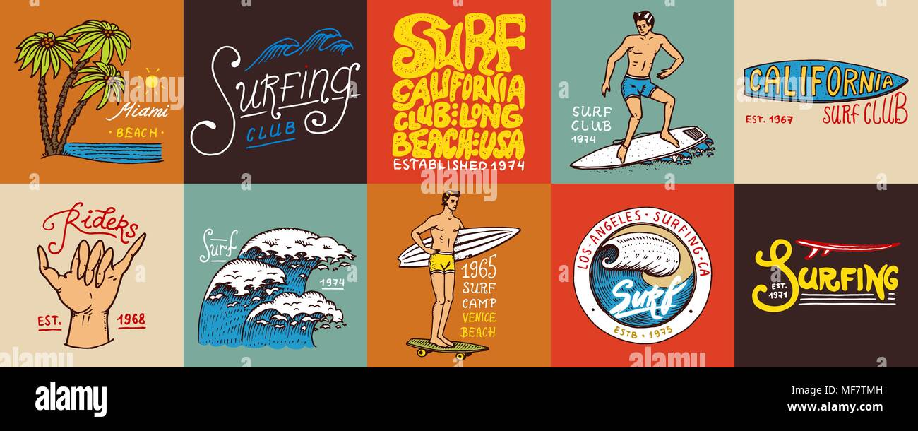Surf badge and wave, palm tree and ocean. tropics and california. man ...