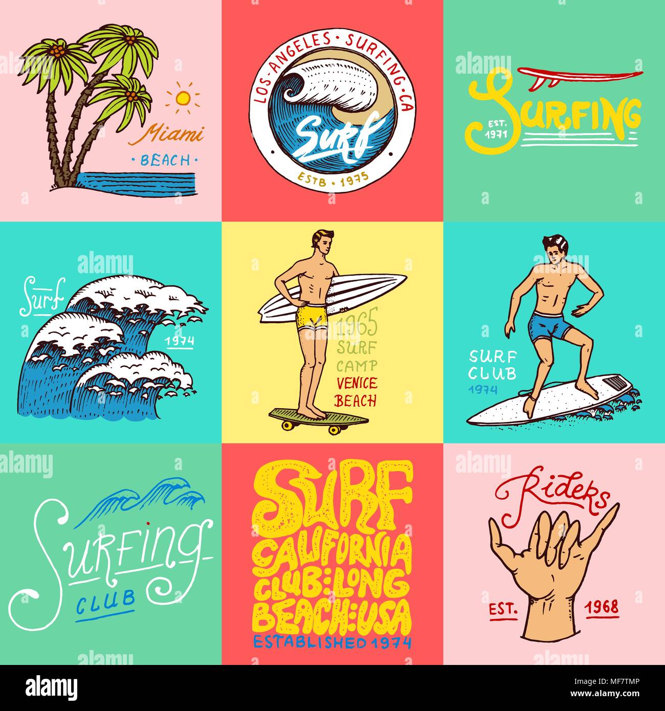 Surf badge and wave, palm tree and ocean. tropics and california. man ...