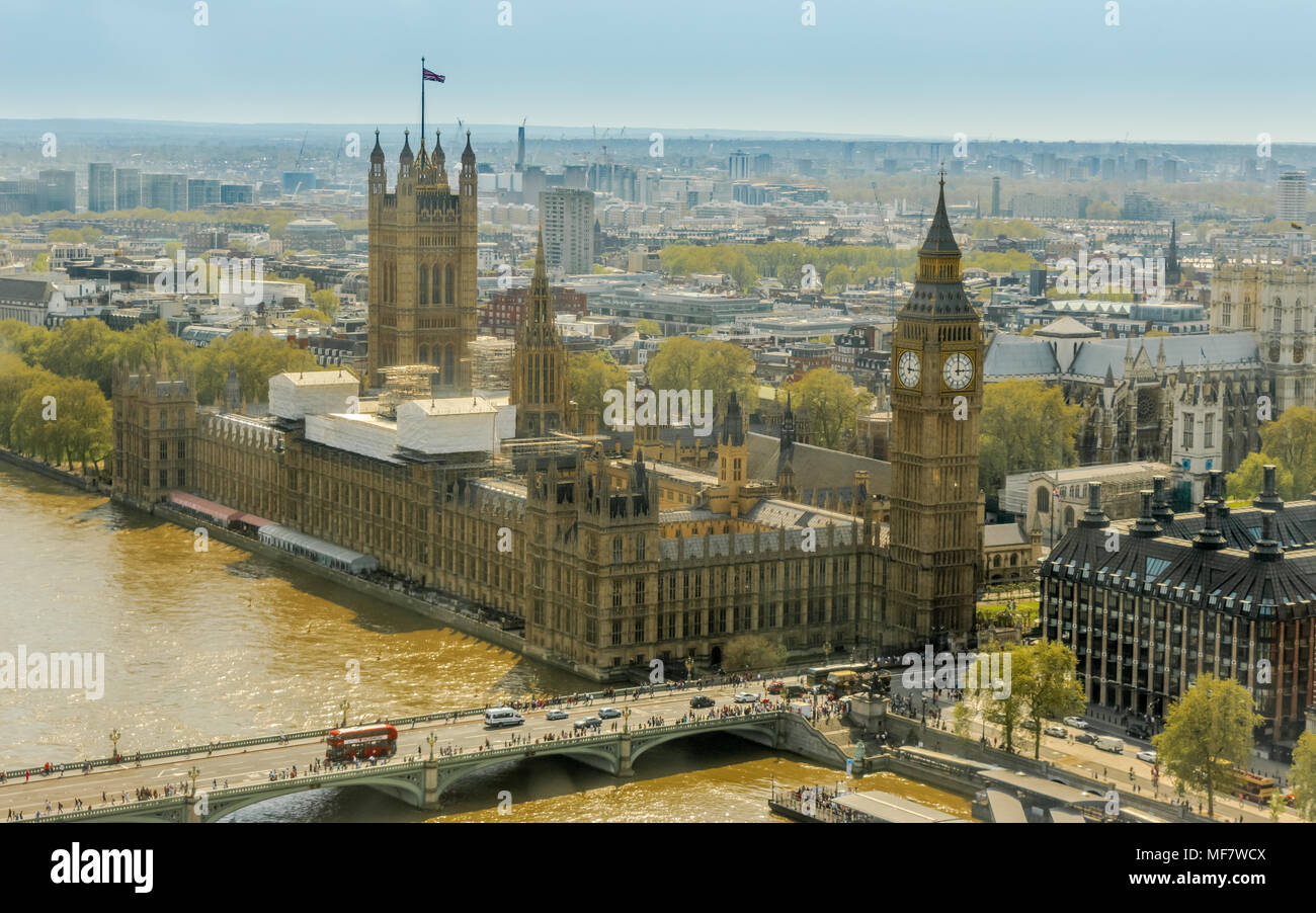 Westminster, London, United Kingdom - May 8, 2016 : A view of the Houses of Parliament, Big Ben and the London skyline from the London Eye Stock Photo