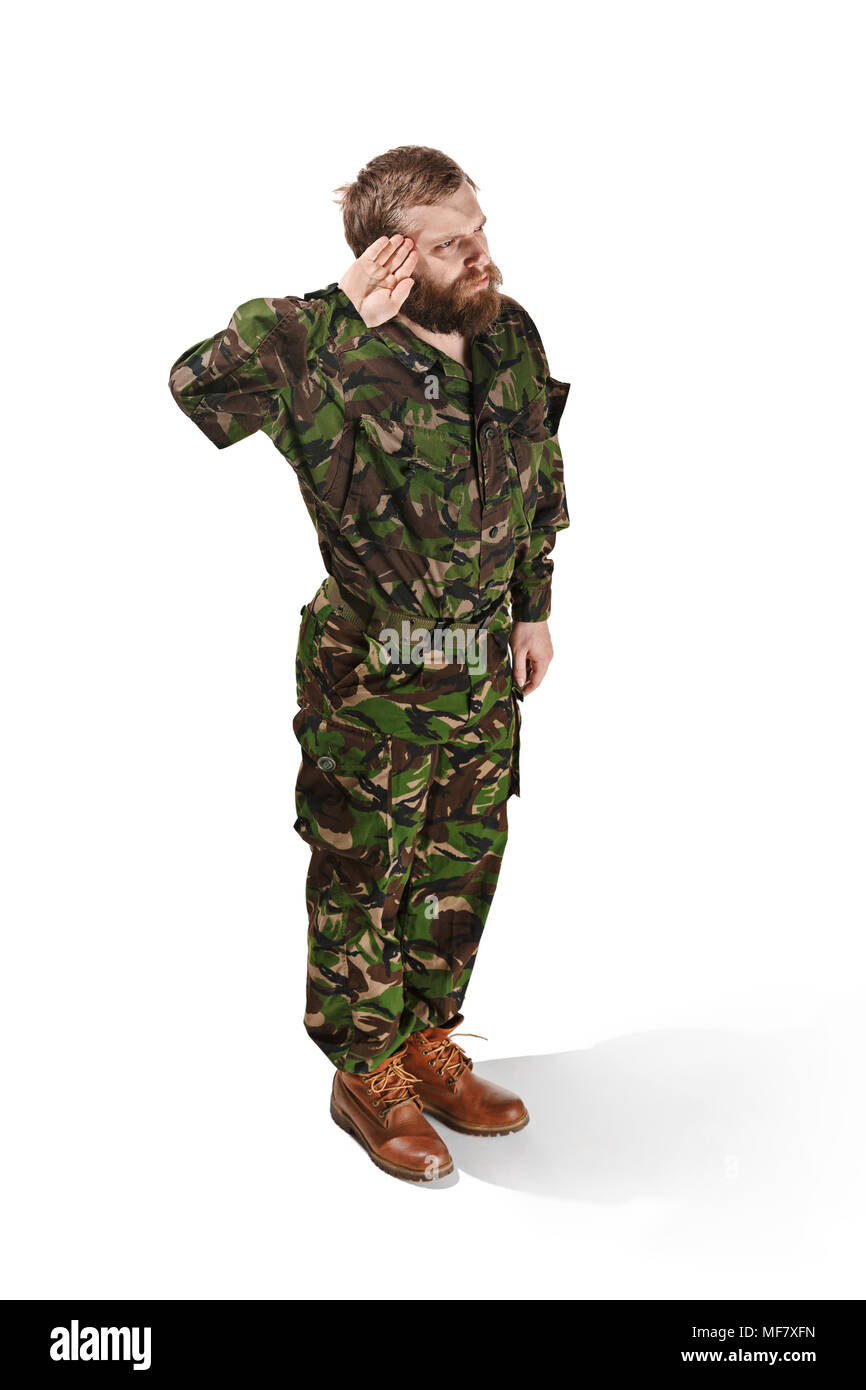 Young army soldier wearing camouflage uniform isolated on white Stock Photo