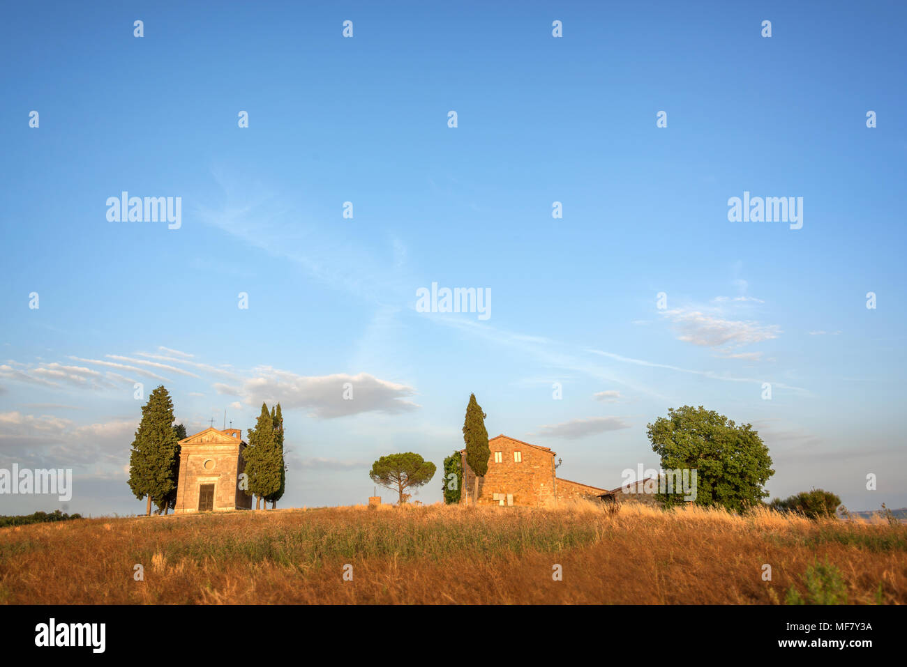 Vitaleta Chapel, Tuscan landscape near San Quirico d'Orcia, Siena, Tuscany, Italy Stock Photo
