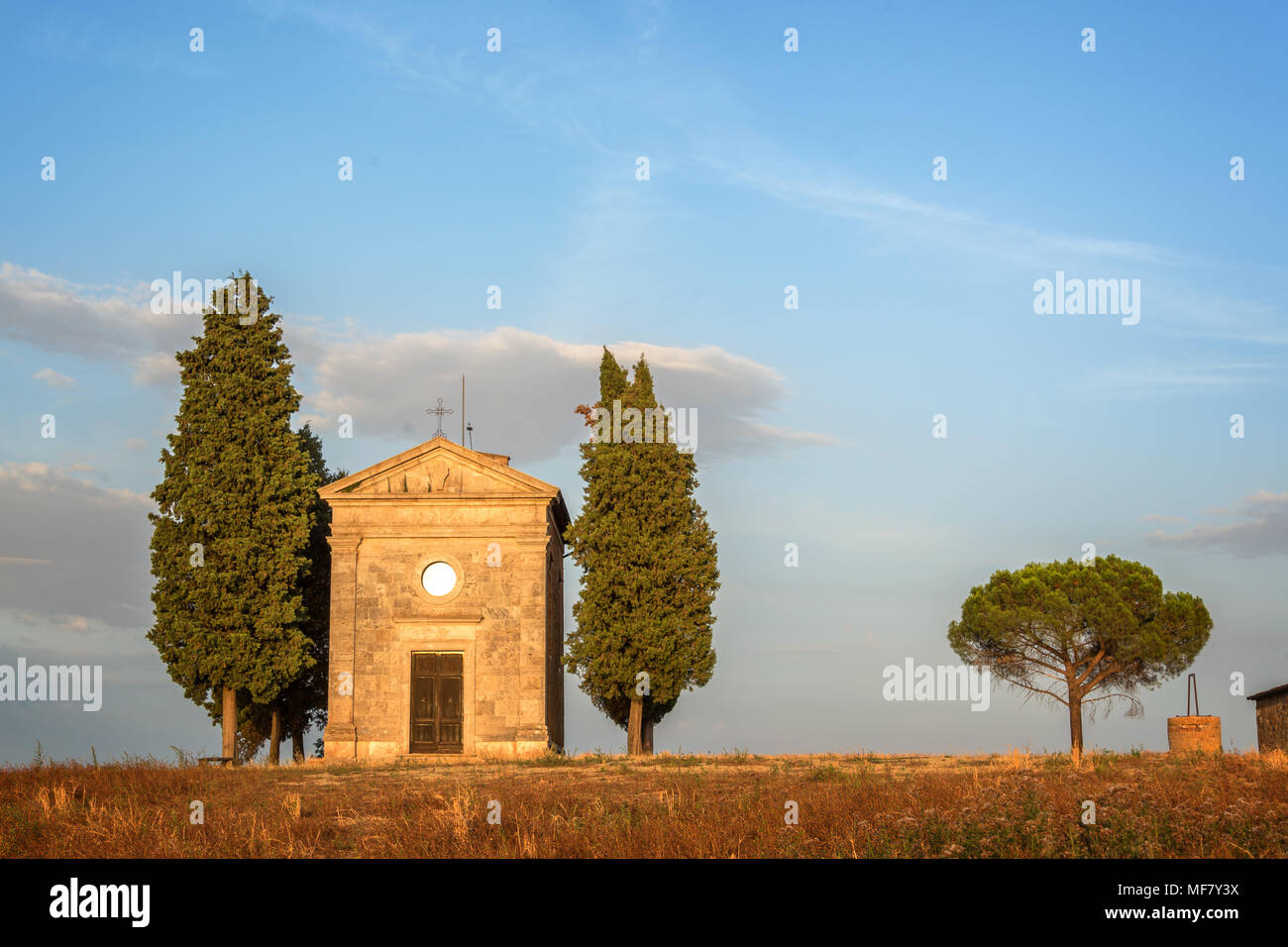 Vitaleta Chapel, Tuscan landscape near San Quirico d'Orcia, Siena, Tuscany, Italy Stock Photo