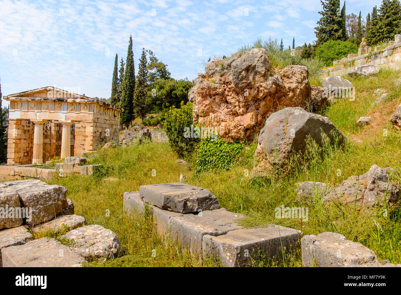 Athenian Treasury in Delphi, an archaeological site in Greece, at the ...