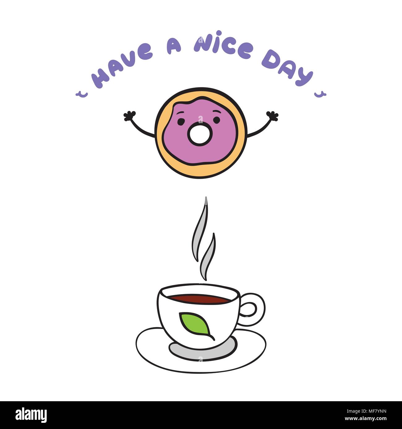 Cute donut and cup of tea on white background. Stock Vector