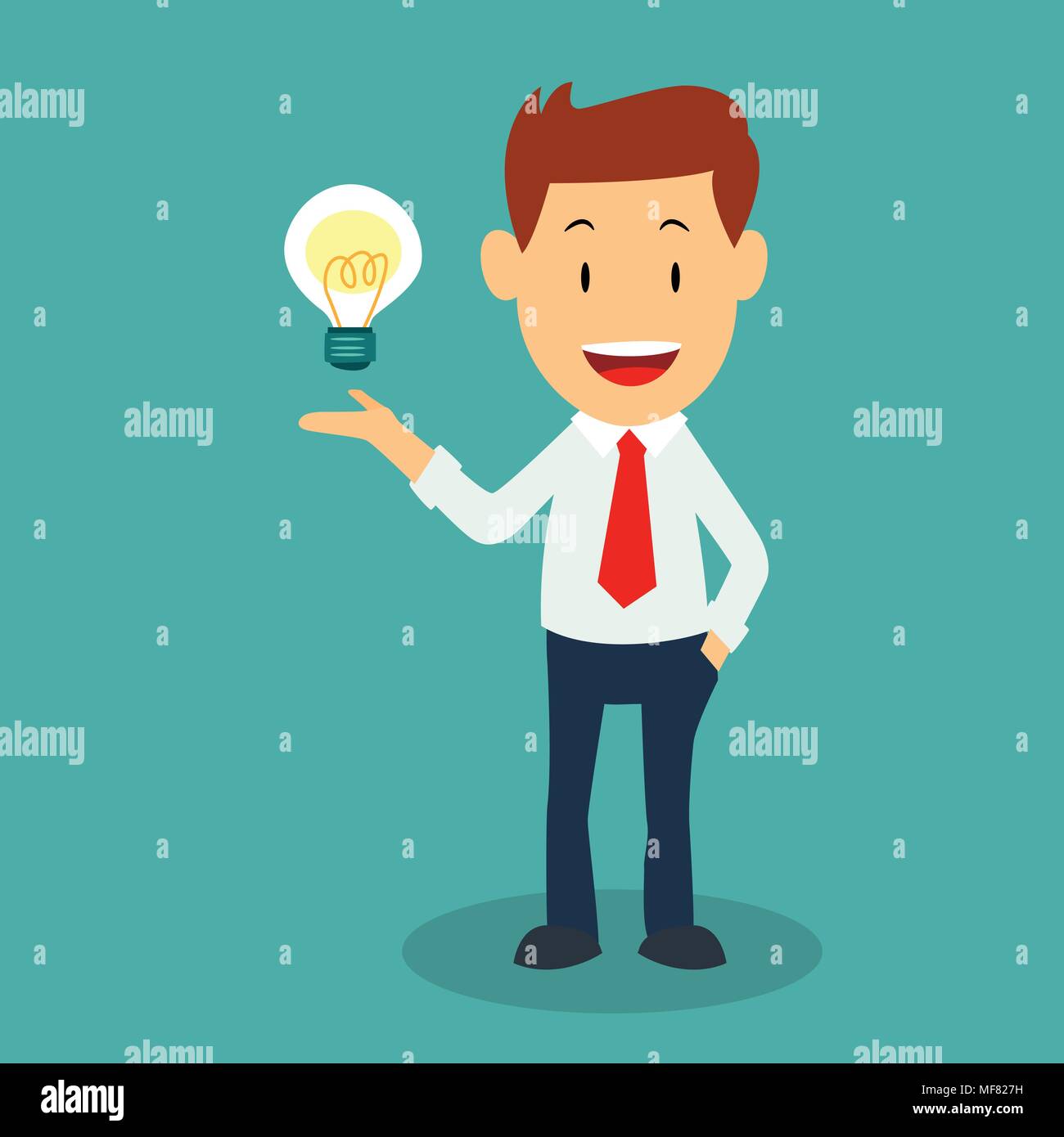 Standing businessman with lightbulb idea, cartoon businessman for business concept - Flat Vector Illustration Stock Vector