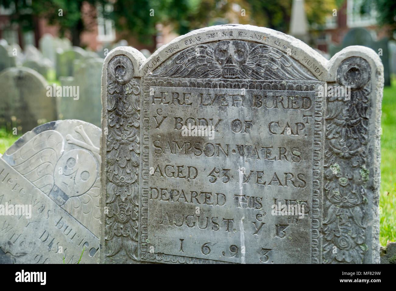 BOSTON, USA, JULY 11, 2017: Tombstone in the King's Chapel burial ground,  historic cemetery in Boston. Stock Photo
