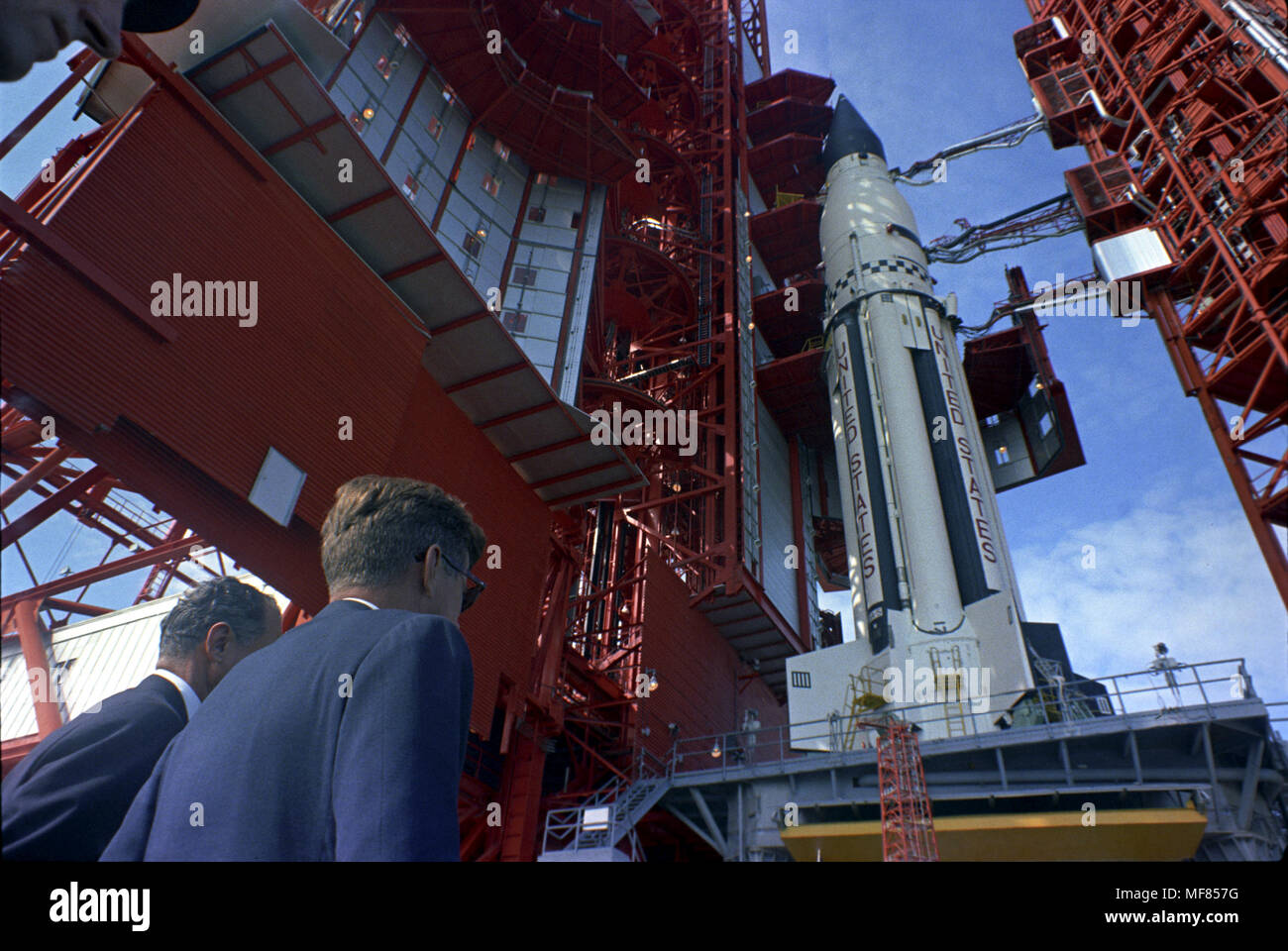 ST-C400-18-63               16 November 1963  Senator George Smathers, Florida, and President John F. Kennedy at Cape Canaveral, Florida, Pad B, Complex 37, where they were briefed on the Saturn by Dr. Werner Von Braun (not pictured).  Photograph by Cecil Stoughton, White House in the John F. Kennedy Presidential Library and Museum, Boston. Stock Photo