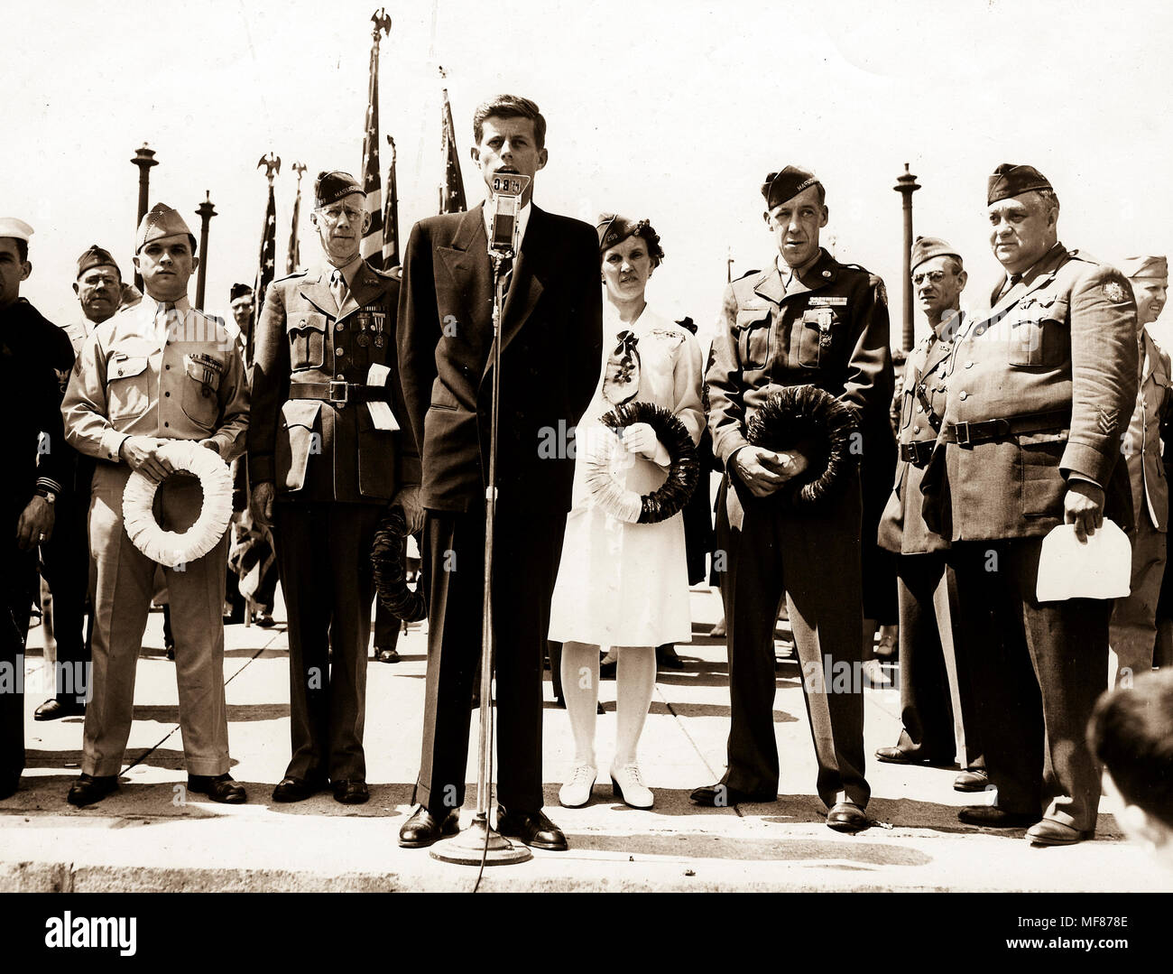 PC 360  30 May 1946 John F. Kennedy speaks at Memorial Day services in Cambridge, Massachusetts.  Please credit 'John Fitzgerald Kennedy Library, Boston' for the image. Stock Photo