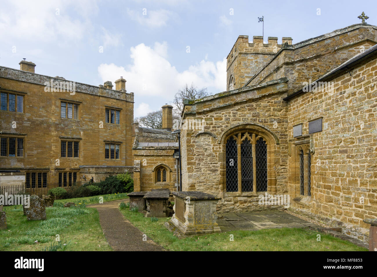 Historic buildings in the Northamptonshire village of Brockhall; on the