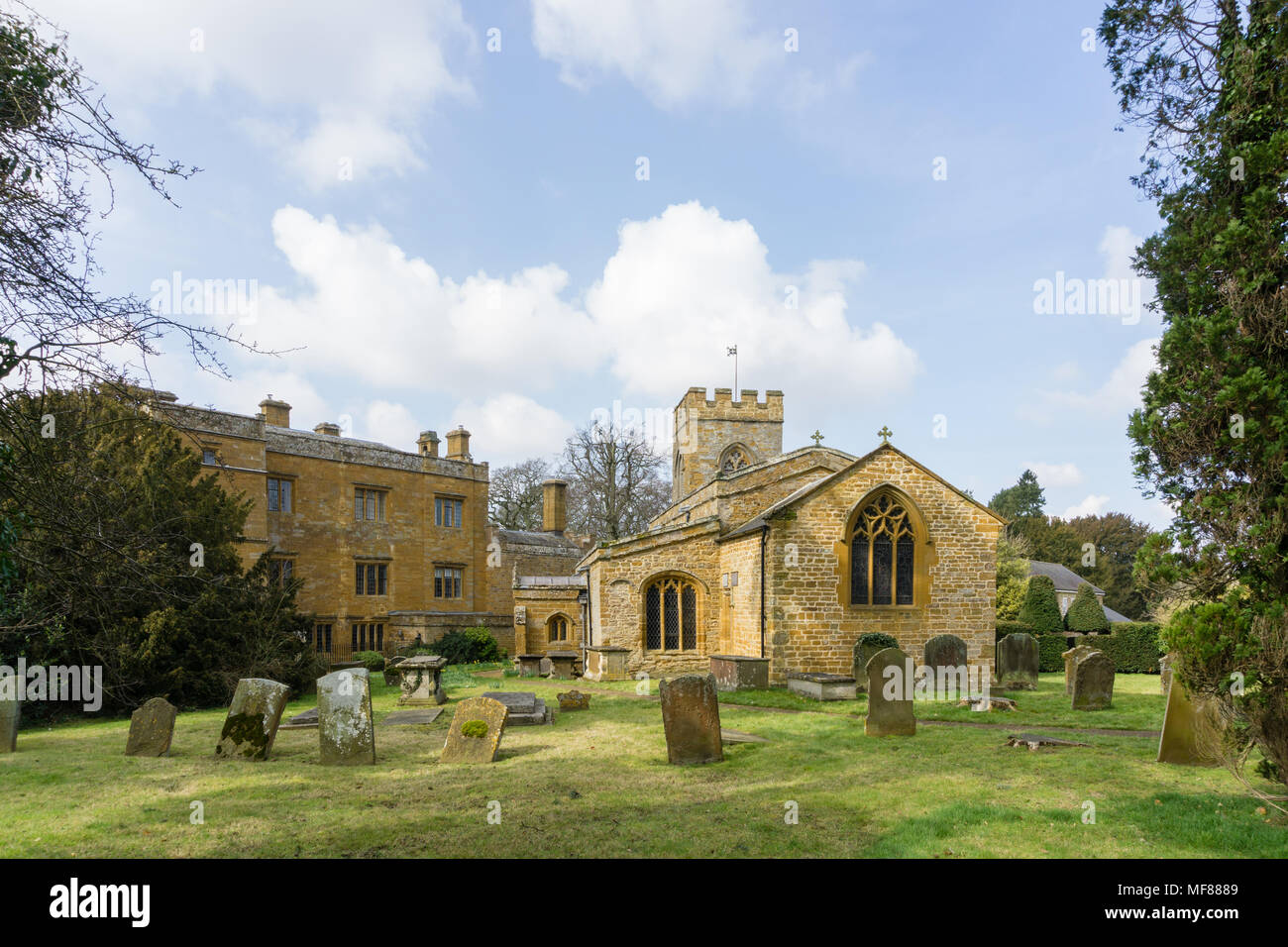 Historic buildings in the Northamptonshire village of Brockhall; on the
