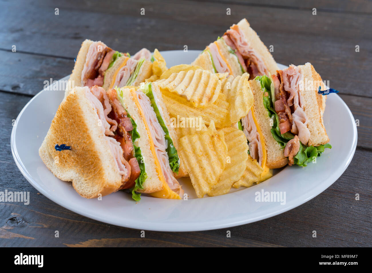 Sliced Triple Decker Turkey Club Deli Sandwich on a Plate with Potato Chips Stock Photo