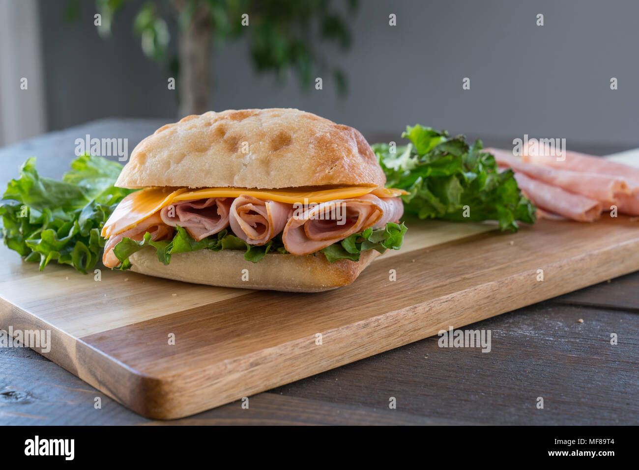 Sliced Ham and Cheese Sandwich on ciabatta roll on Cutting Board Stock Photo