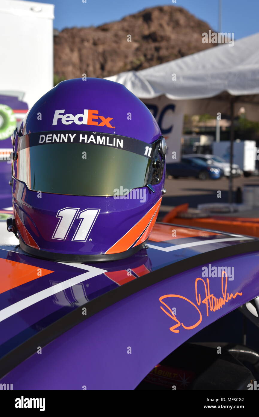 Denny Hamlin helmet on FedEx race car on display at Tempe Arizona on 4/14/18 Stock Photo