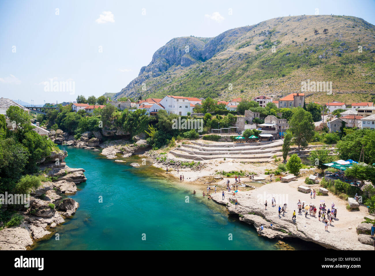 A view down the Neretva River from the Stari Most, Old Bridge in Mostar ...