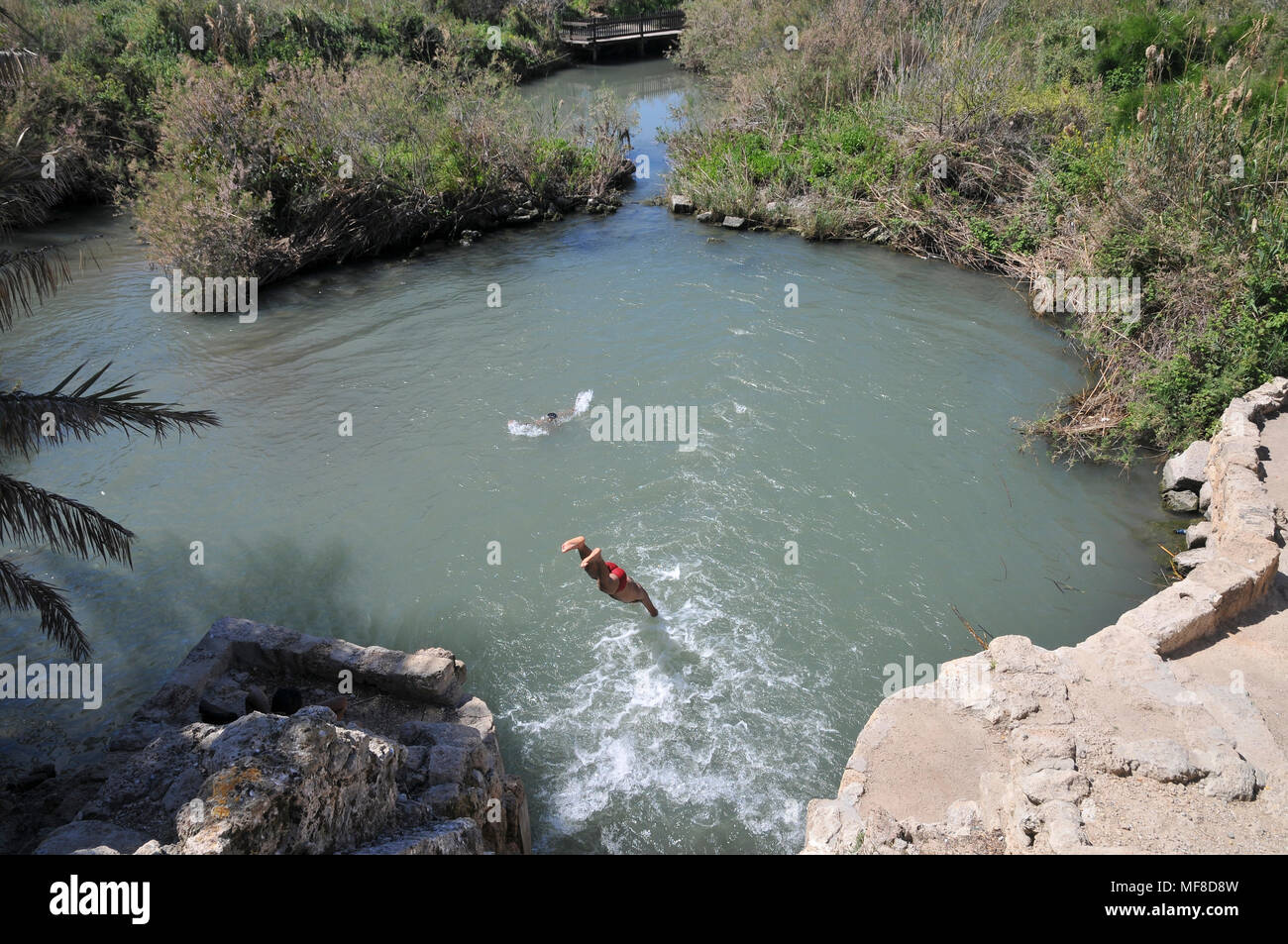 Israel, Maagan Michael, Nahal Taninim - Crocodile River national park, boy dives into the water Stock Photo