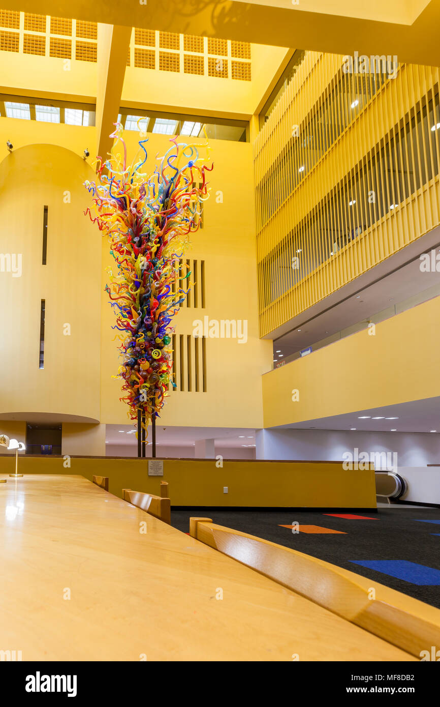 SAN ANTONIO, TEXAS - MATCH 26, 2018 - San Antonio Central Library lobby with glass sculpture 'Fiesta Tower' designed by Dale Chihuly Stock Photo