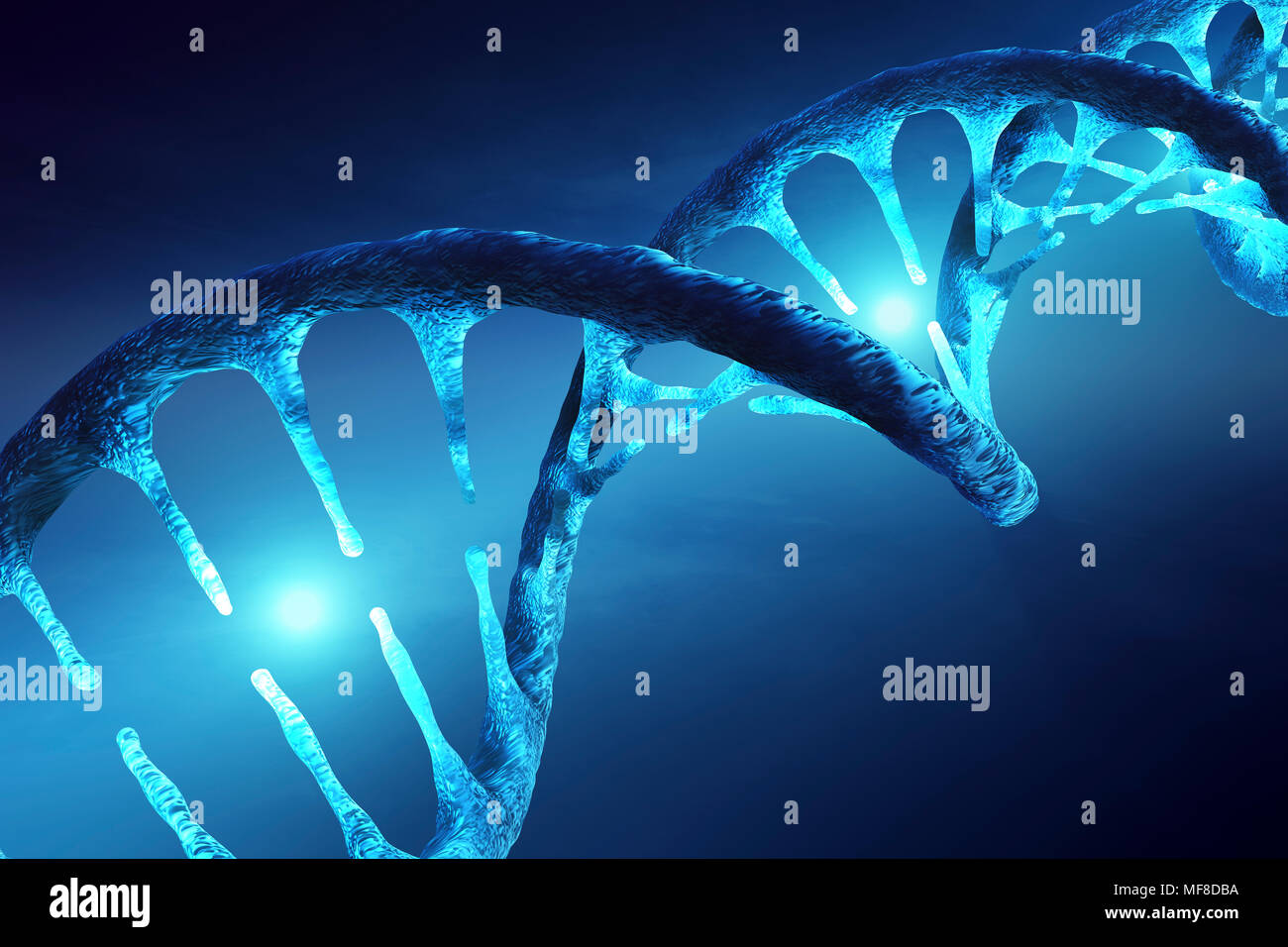 Conceptual image of DNA structure with illuminated molecules illustrating genetic alteration, manipulation or modification. 3D rendering artwork Stock Photo
