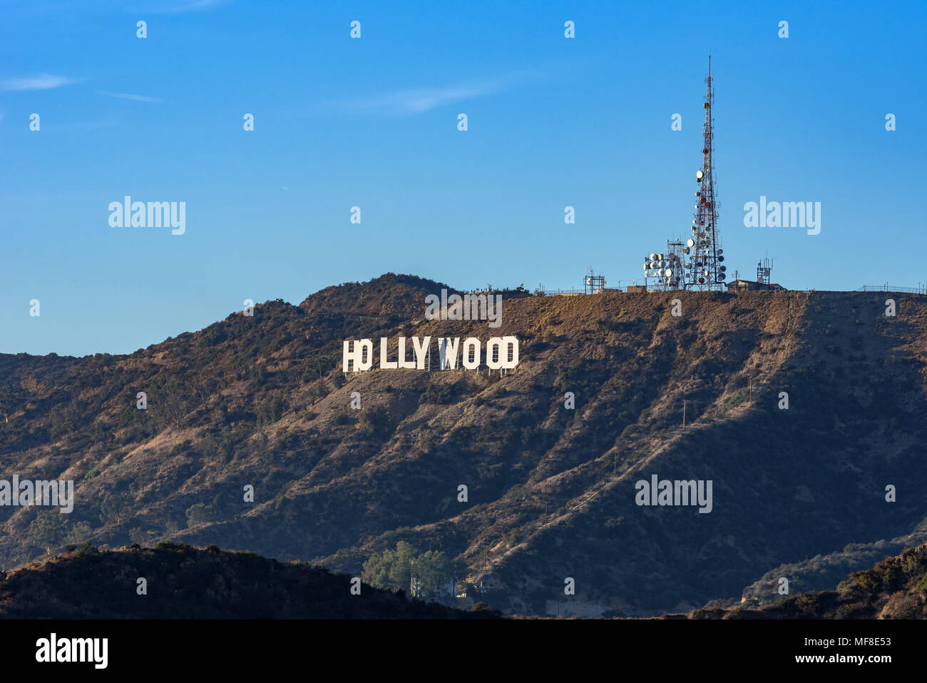 The Hollywood sign and radio tower on a sunny autumn day Stock Photo