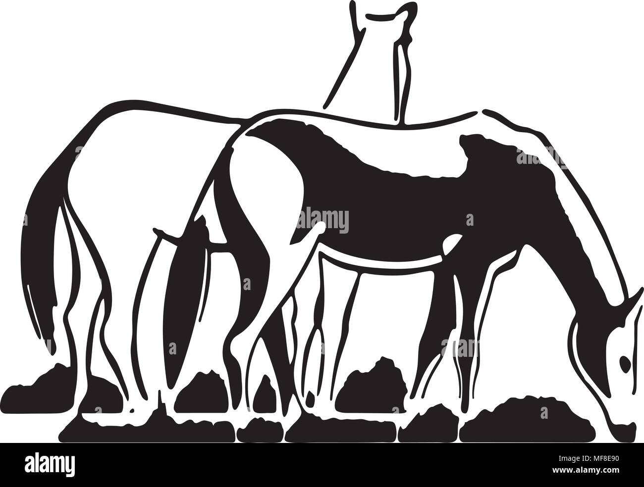 Horses Grazing - Retro Ad Art Illustration Stock Vector