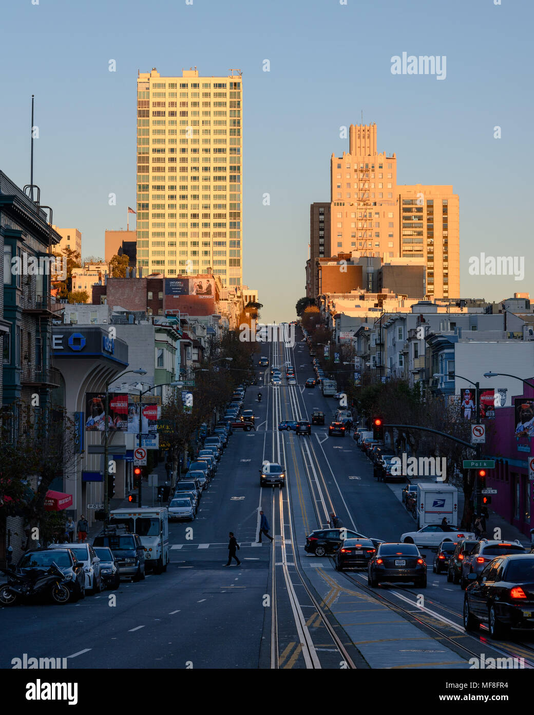 Looking towards Nob Hill from California Street in San Francisco with the cable car tracks Stock Photo