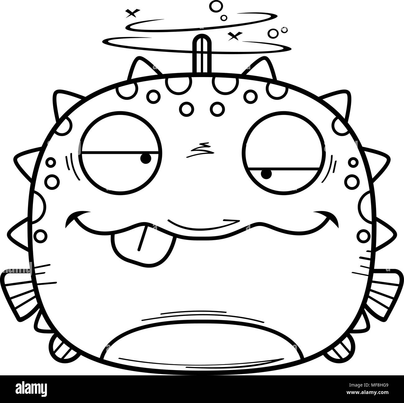 A cartoon illustration of a blowfish looking drunk. Stock Vector