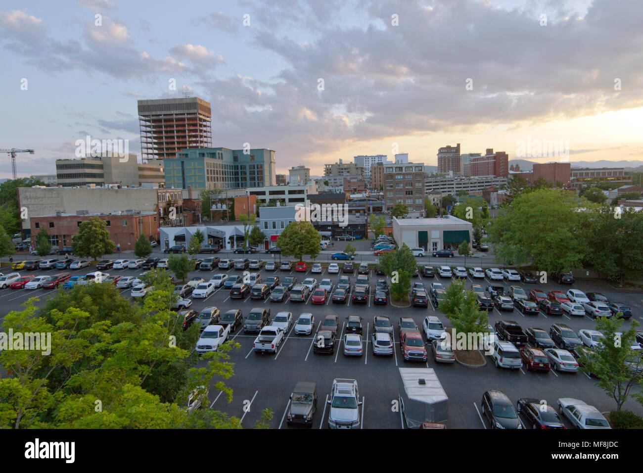 ASHEVILLE, NORTH CAROLINA, USA - JUNE 9, 2017: Aerial view of downtown Asheville, North Carolina at sunset, a booming tourist city in the mountains of Stock Photo