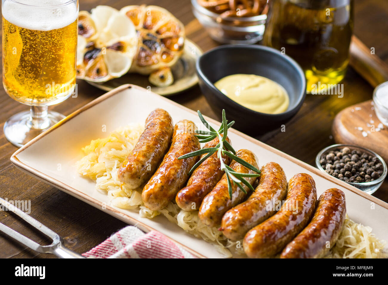 Grilled Sausages with Cabbage Salad, Mustard and Beer. Bratwurst and