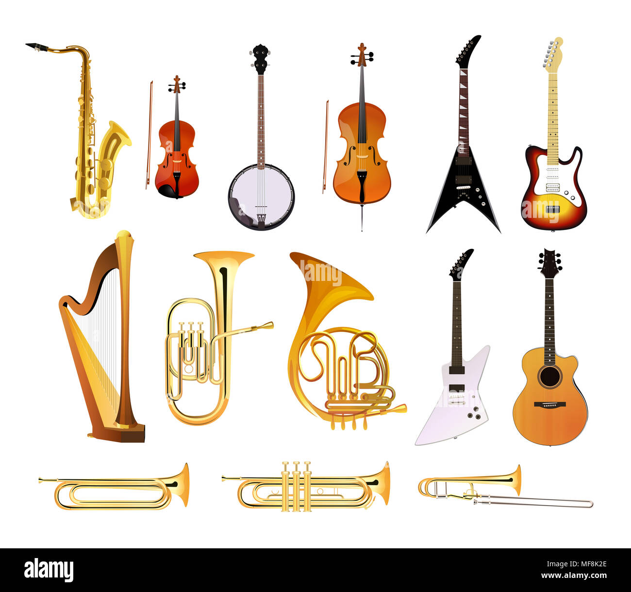Orchestra Musical Instruments isolated on white background, Vector Illustrations of blues, rock and jazz instruments Stock Photo