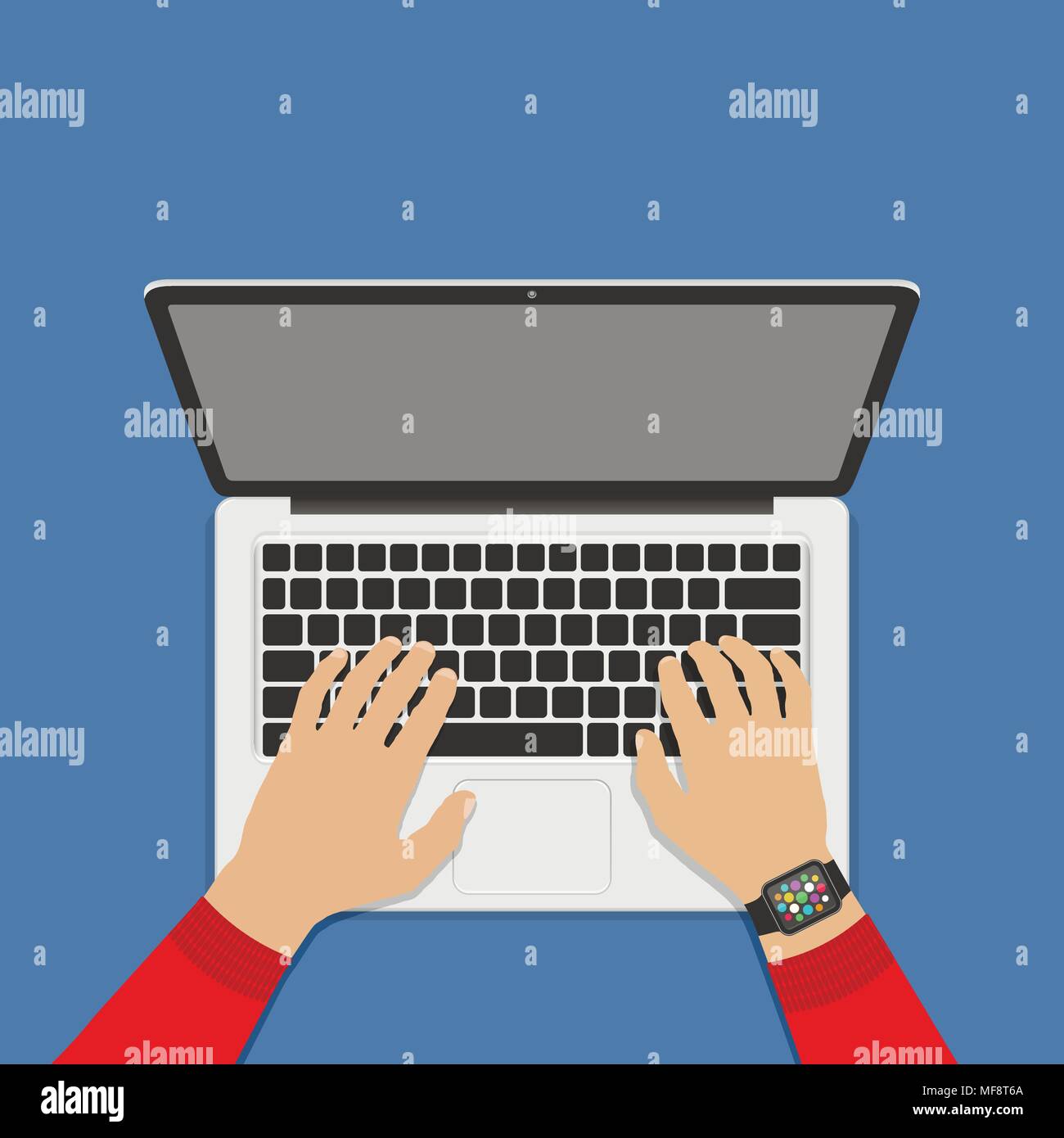 Hands on laptop keyboard with blank screen monitor. Flat style vector illustration. Stock Vector