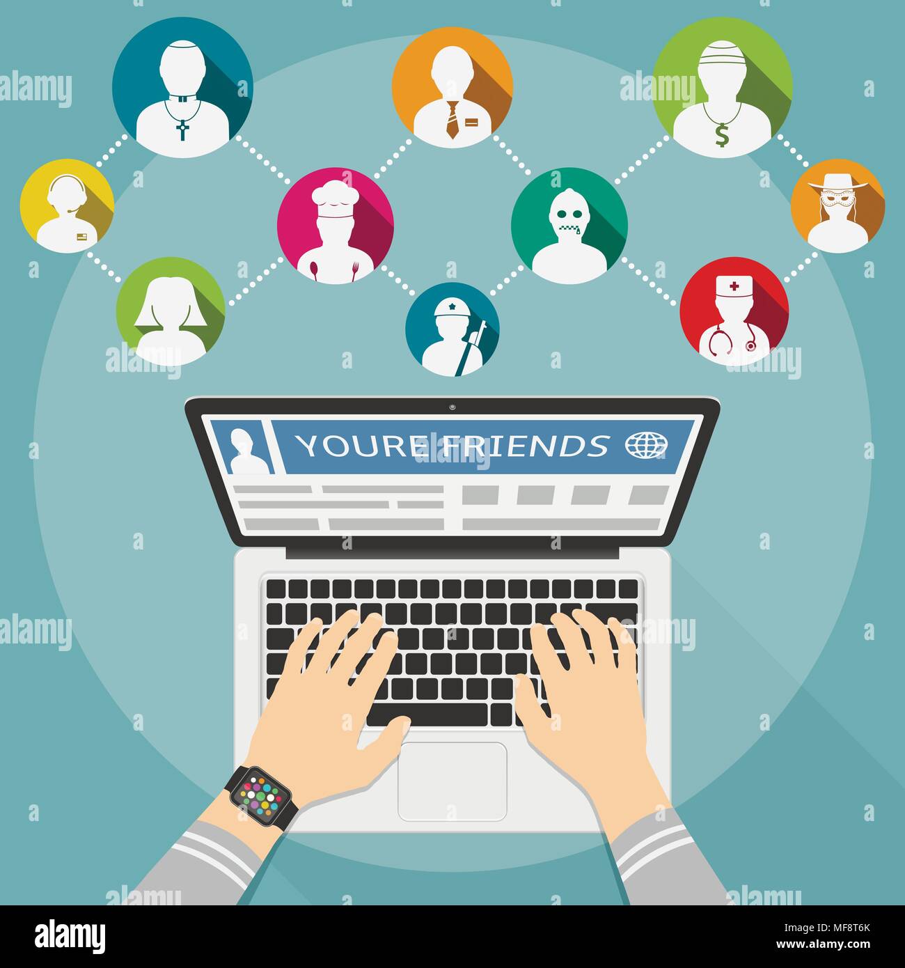 Friends in social networks. Flat design concept. Male hands type a message in social networks. Stock Vector