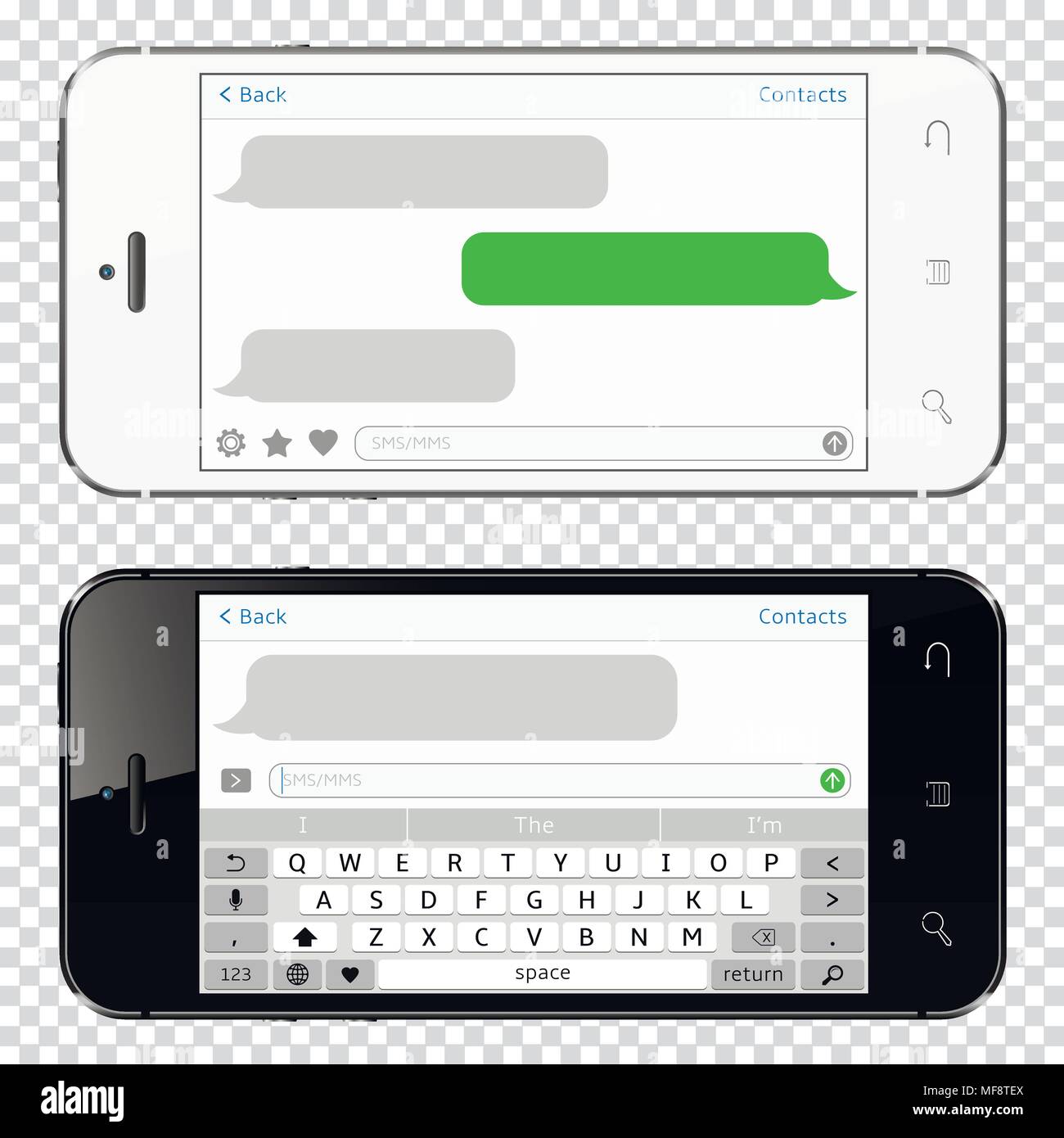 Black and white mobile phones with chatting sms app isolated on