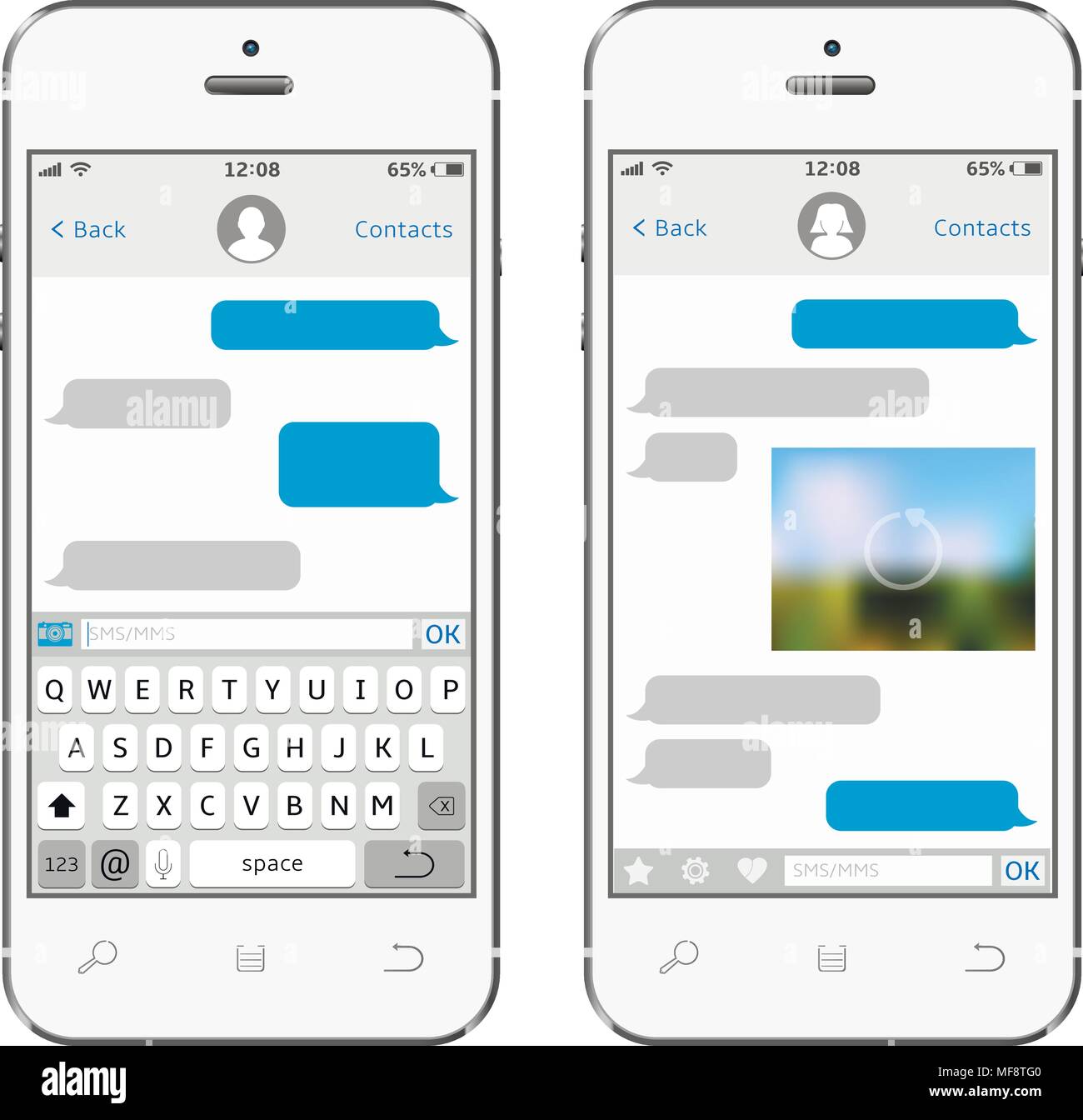 Two chat screens templates on white smartphones. Mobile app for talking. Isolated vector illustration Stock Vector