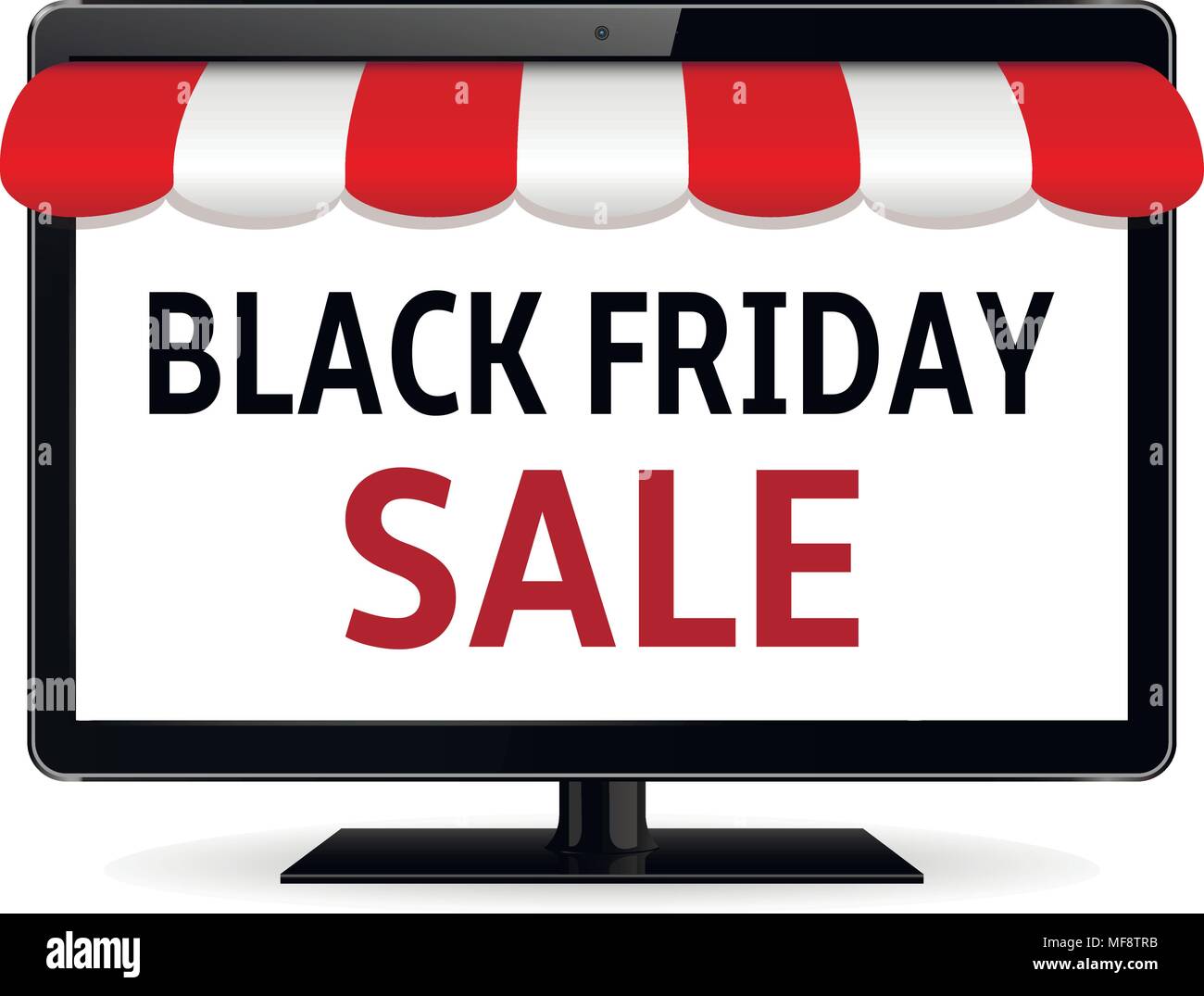 Computer monitor with striped awning and black friday sale text on