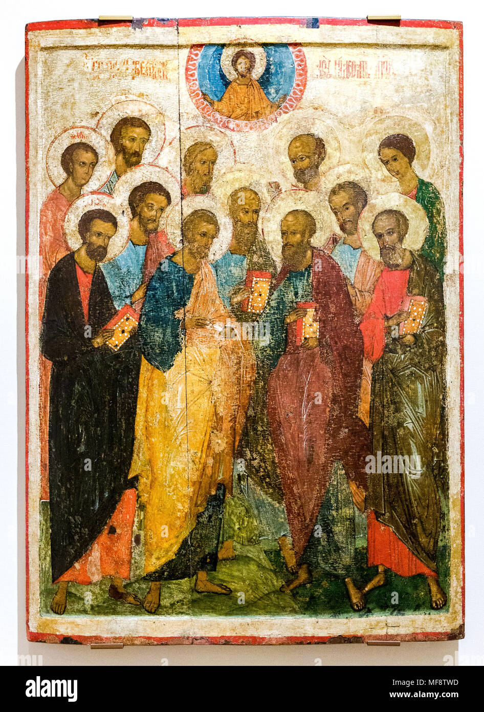 Veliky Novgorod, Russia - August 17, 2017: Antique Russian orthodox icon. The Council of the Twelve Apostles, 1432 Stock Photo