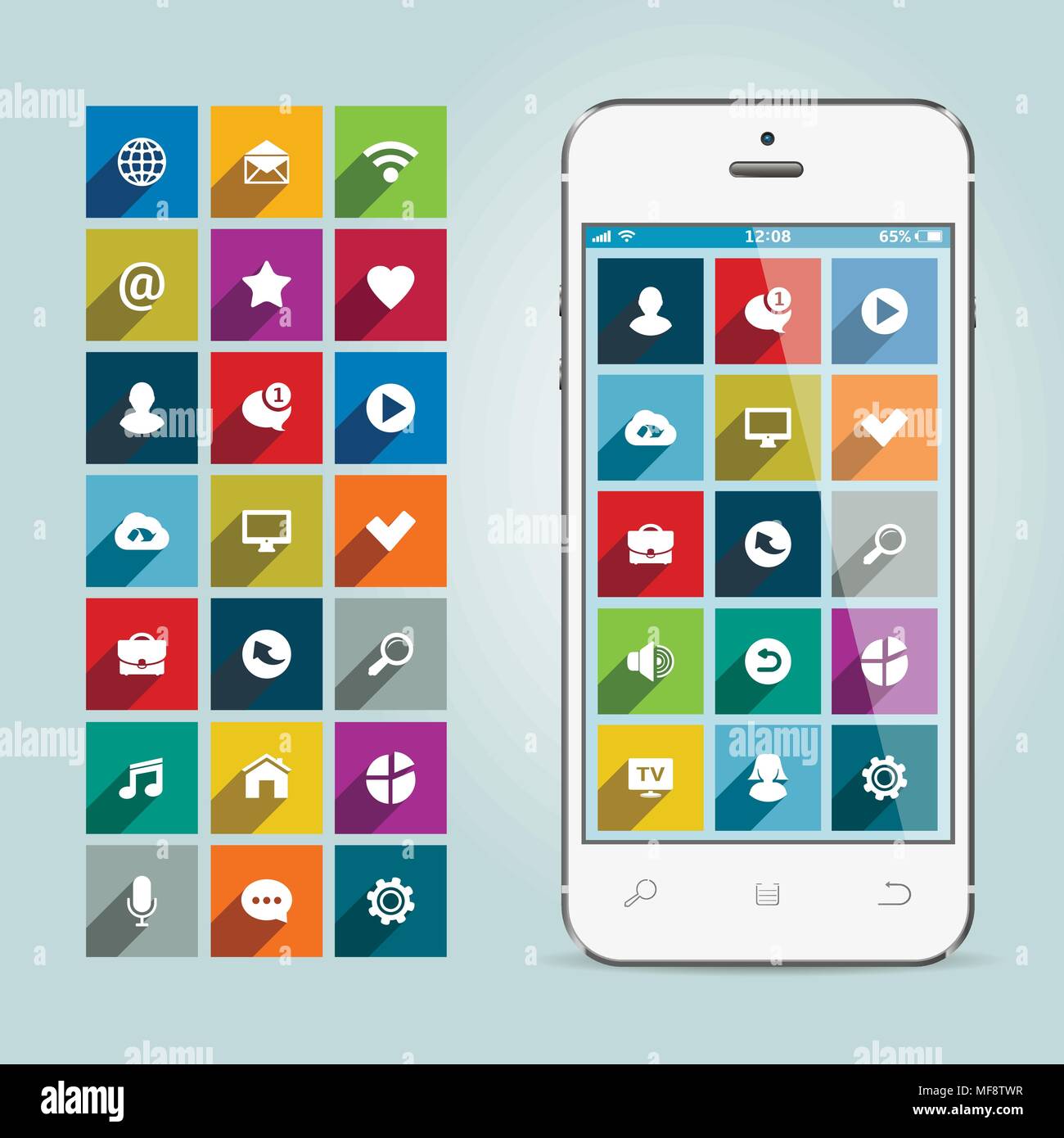 Modern smartphone with apps icons on soft background. Vector illustration. Stock Vector