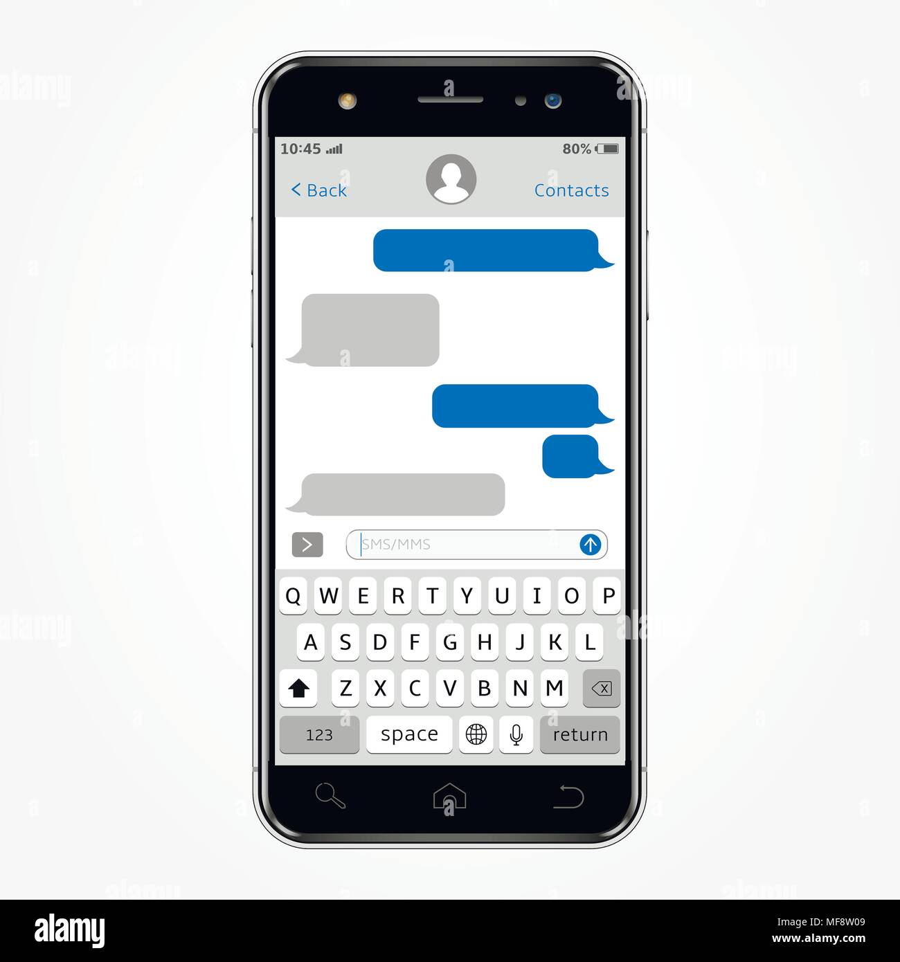 High detailed realistic smartphone, chatting sms app template speech bubbles. Vector illustration. Stock Vector