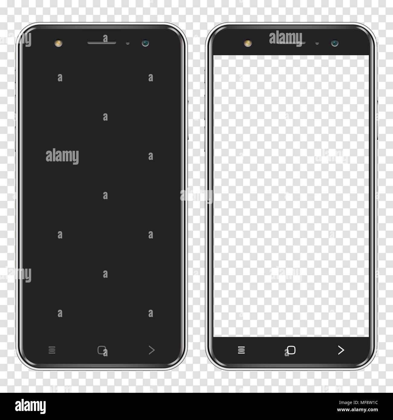 Realistic smartphones with blank screen and transparent screen isolated on transparent background. Vector illustration. Stock Vector