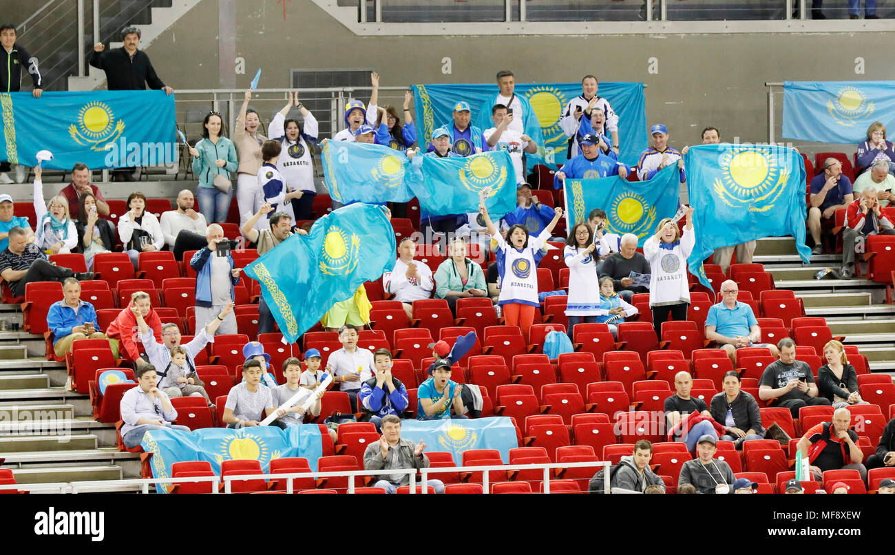 BUDAPEST, HUNGARY - APRIL 24: The supporters of Kazakhstan celebrate the third goal of their team during the 2018 IIHF Ice Hockey World Championship Division I Group A match between Kazakhstan and Great Britain at Laszlo Papp Budapest Sports Arena on April 24, 2018 in Budapest, Hungary. Credit: Laszlo Szirtesi/Alamy Live News Stock Photo
