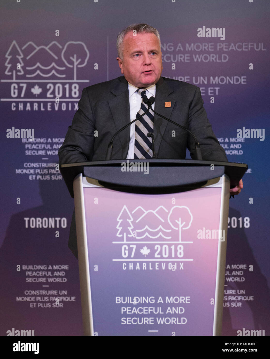 Toronto, Canada. 23rd Apr, 2018. U.S. Acting Secretary of State John J. Sullivan speaks during the press conference after the G7 foreign ministers' meeting in Toronto, Canada, April 23, 2018. Credit: Zou Zheng/Xinhua/Alamy Live News Stock Photo