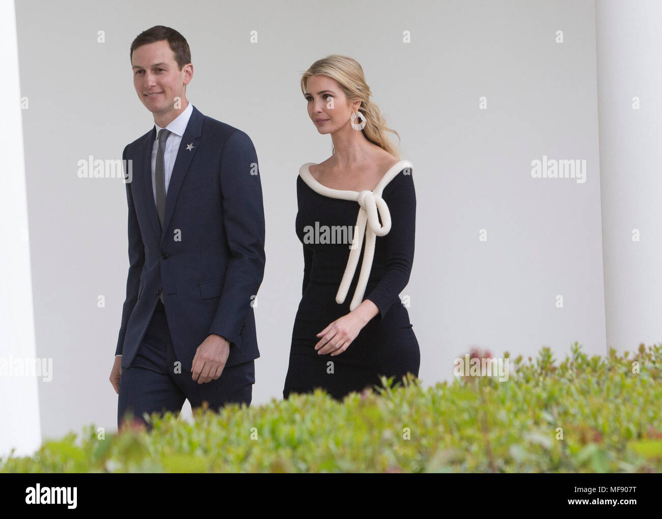 Presidential Advisors Jared Kushner and Ivanka Trump walk the Colonnade at The White House while attending a state visit by French President Emmanuel Macron to Washington, DC, April 24, 2018. Credit: Chris Kleponis/Pool via CNP /MediaPunch Stock Photo