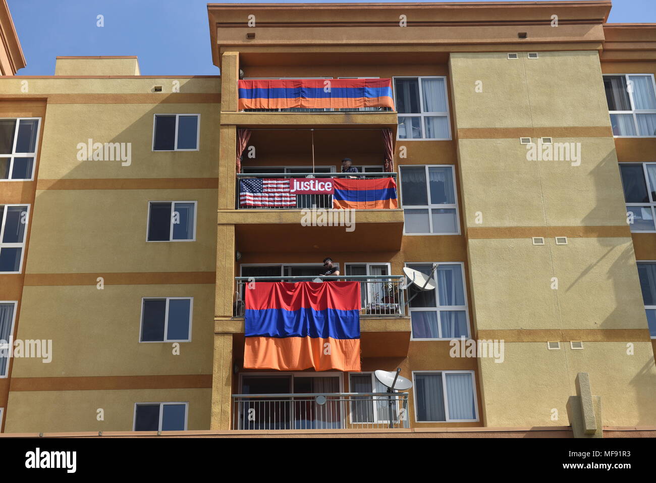 Los Angeles, USA. April 24, 2018 - LOS ANGELES — People hanging Armenian and American flags from their balconies as a sign of solidarity during the commemoration of the Armenian Genocide on April 24. Little Armenia is a community that is part of the Hollywood district of Los Angeles, California. Credit: Hayk Shalunts/Alamy Live News Stock Photo