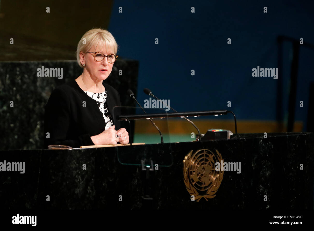 United Nations. 24th Apr, 2018. Swedish Foreign Minister Margot Wallstrom addresses the High-Level Meeting on Peacebuilding and Sustaining Peace at the UN headquarters in New York, April 24, 2018. UN General Assembly's High-Level Meeting on Peacebuilding and Sustaining Peace kicked here on Tuesday and is to run through Wednesday. Credit: Li Muzi/Xinhua/Alamy Live News Stock Photo